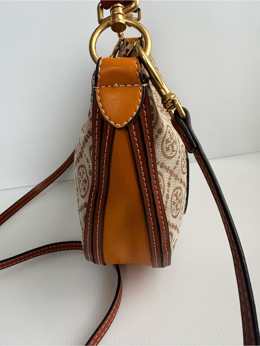 Tory Burch Crescent Crossbody Bag tan brown Color Handbag small  EUC - Picture 12 of 17